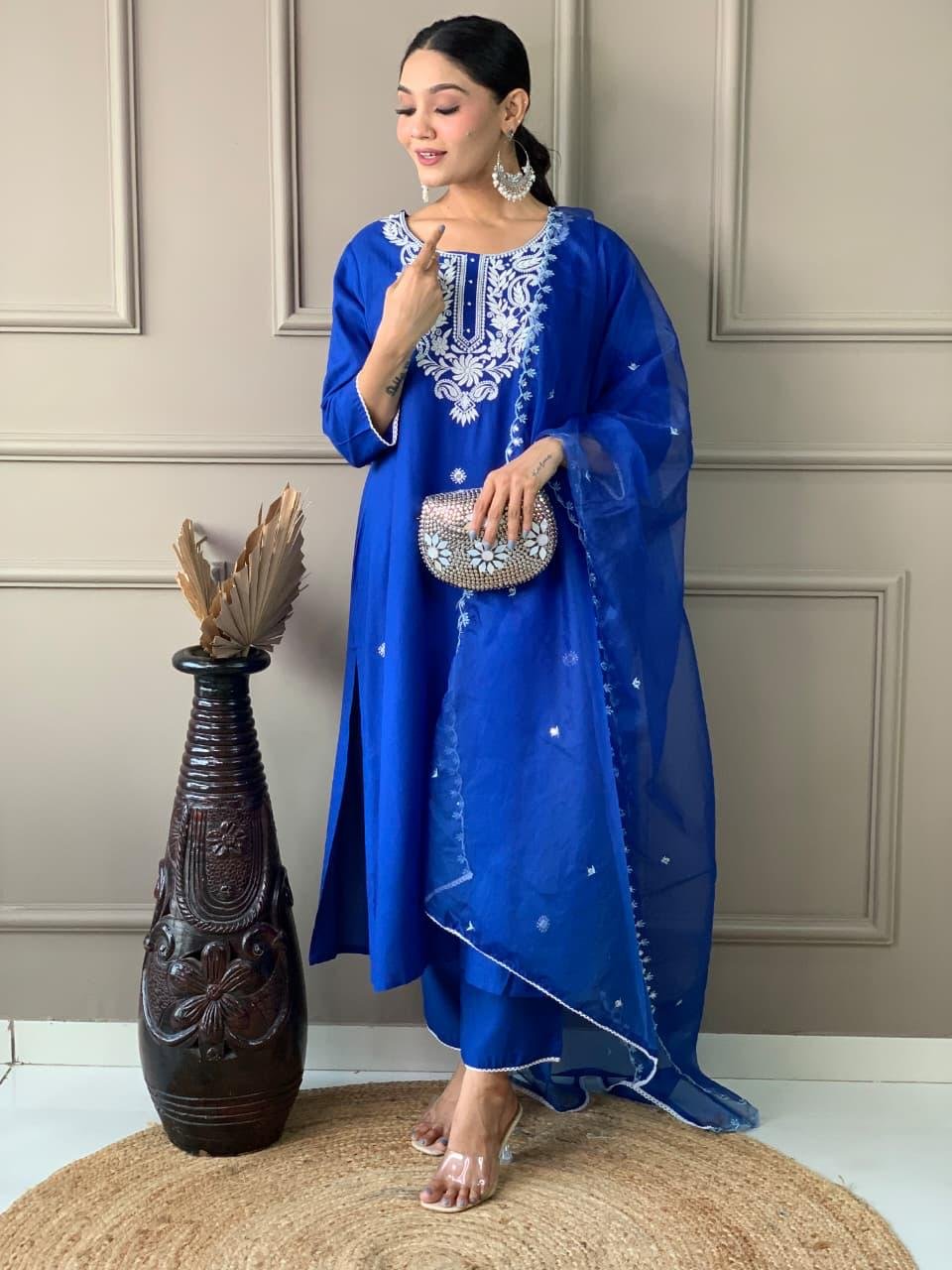 Blue Rayon Mirror Work Kurti Set